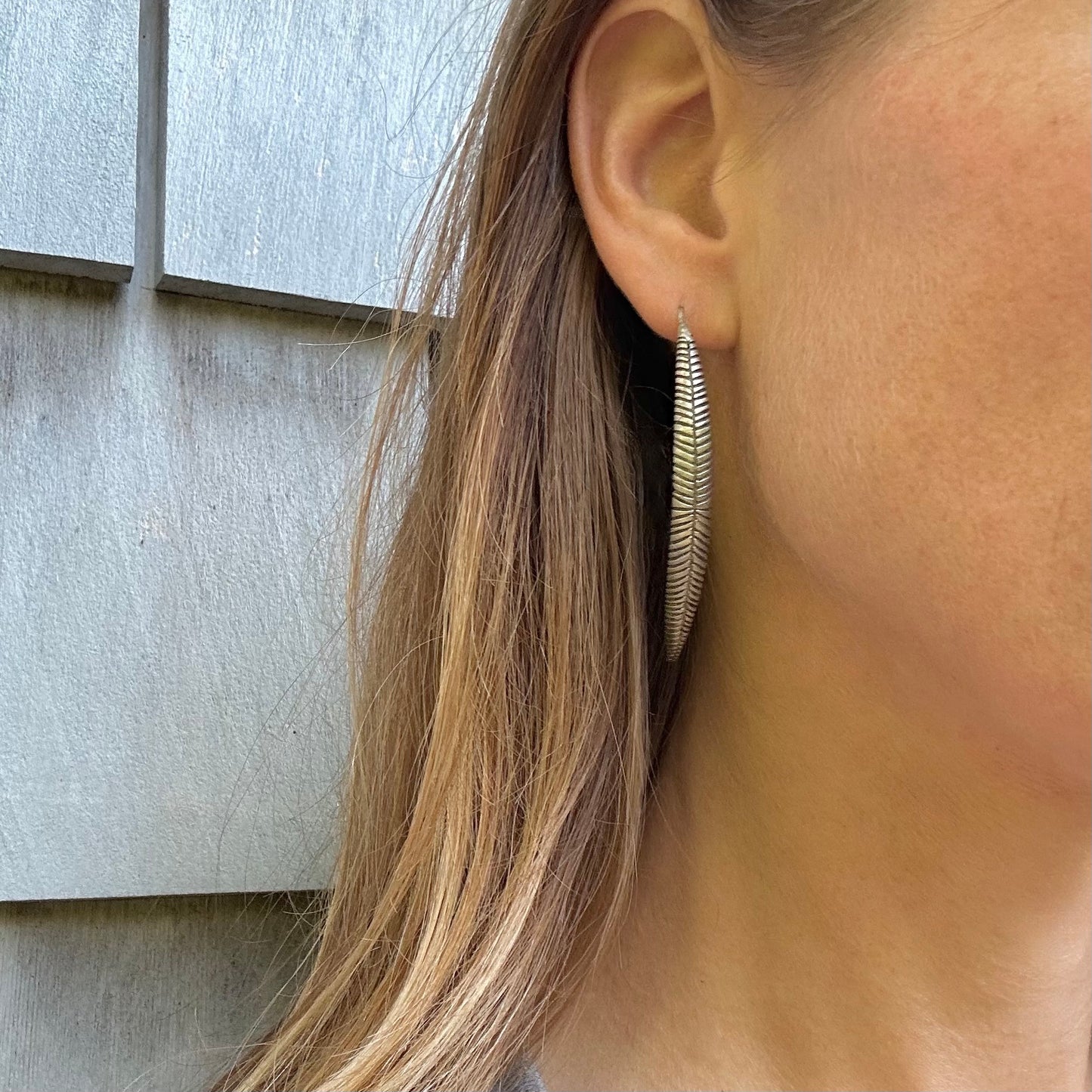 Silver Etched Long Leaf Earrings