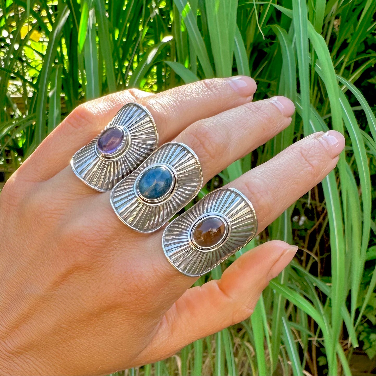 Sunburst Shield Rings (Amethyst, Apatite, Smokey Quartz)