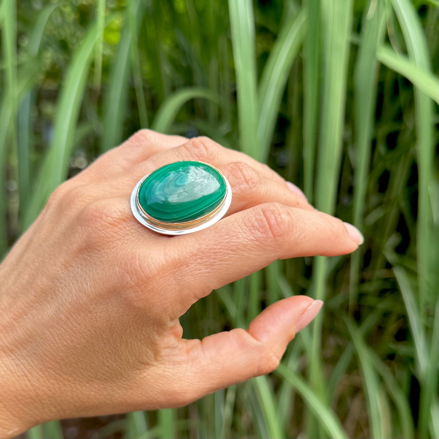 Large Malachite Gold and Silver Ring