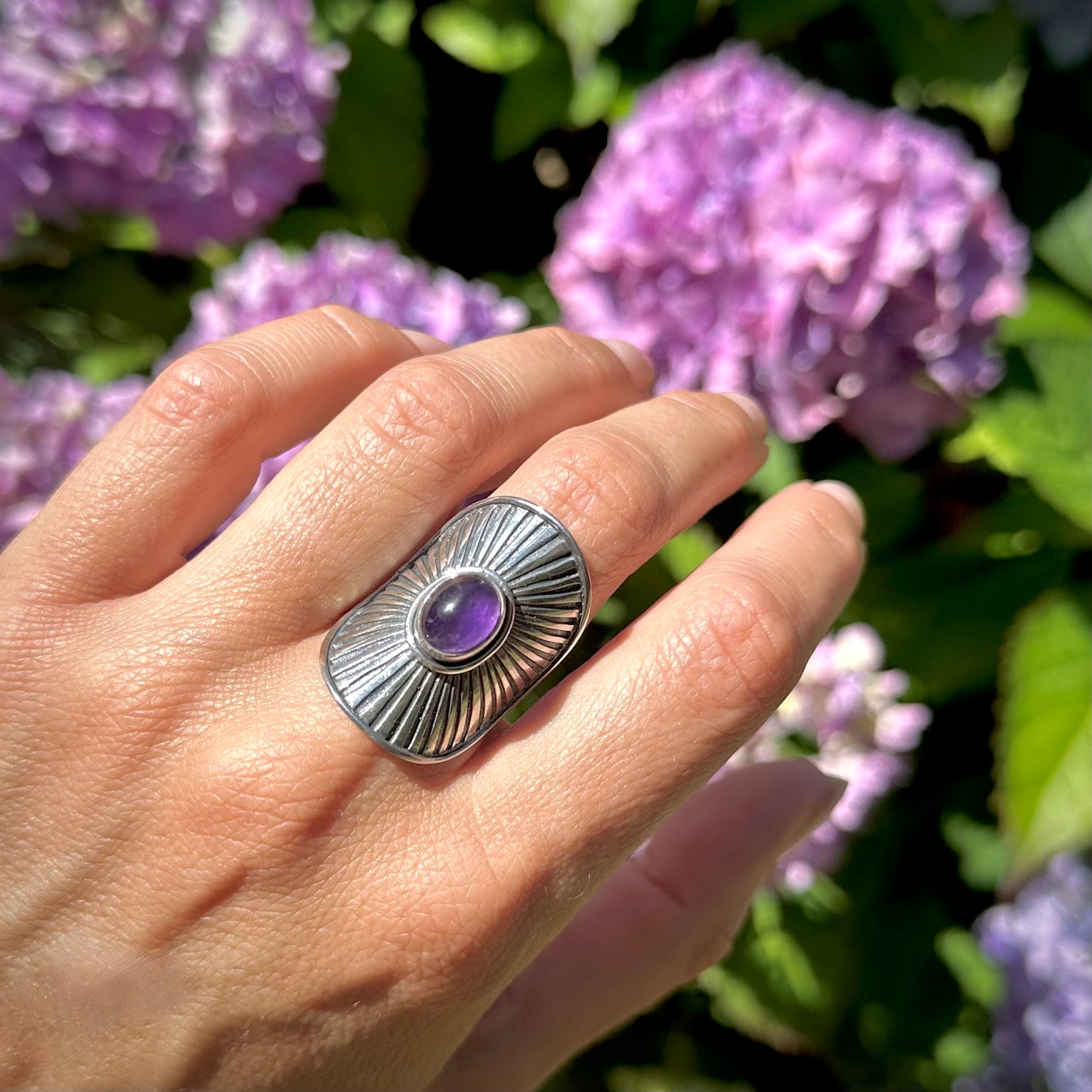 Sunburst Shield Rings (Amethyst, Apatite, Smokey Quartz)