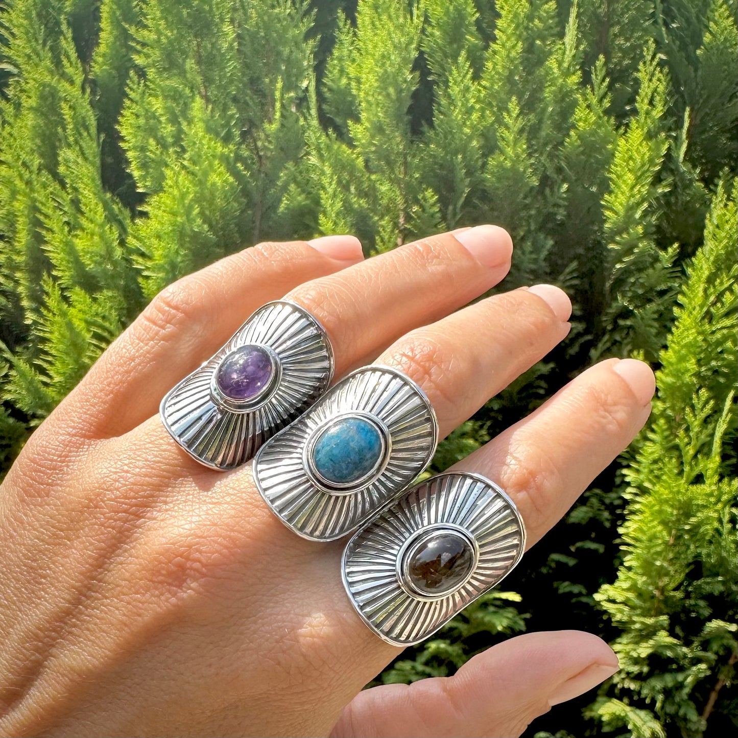 Sunburst Shield Rings (Amethyst, Apatite, Smokey Quartz)