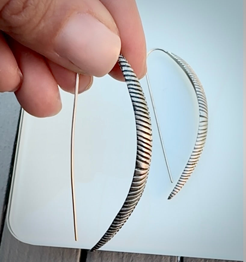 Silver Etched Long Leaf Earrings